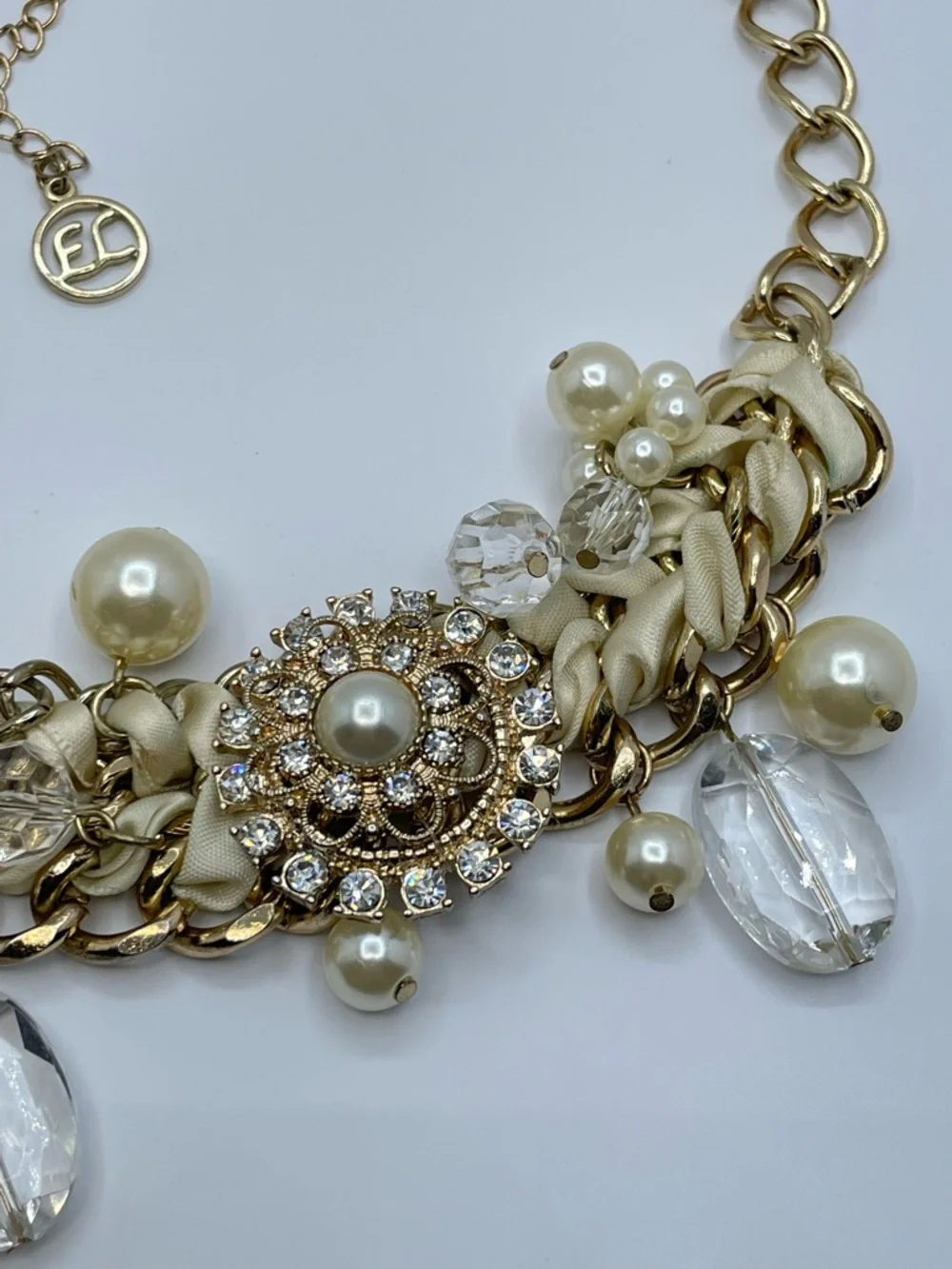Erica Lyons Gold Faux Pearl Crystal Statement Necklace Bib Bold Weighted